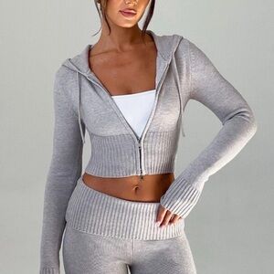 Babyboo Portia Knit Hoodie Light Grey Marl Size Medium NWT Ribbed Zip-Up Sweater
